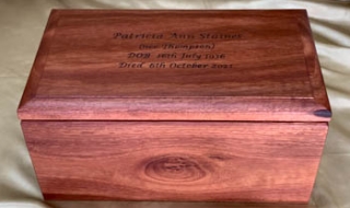 Custom Made Jarrah Human Cremation Box - Medium Rectangular with Pyrography Inscription